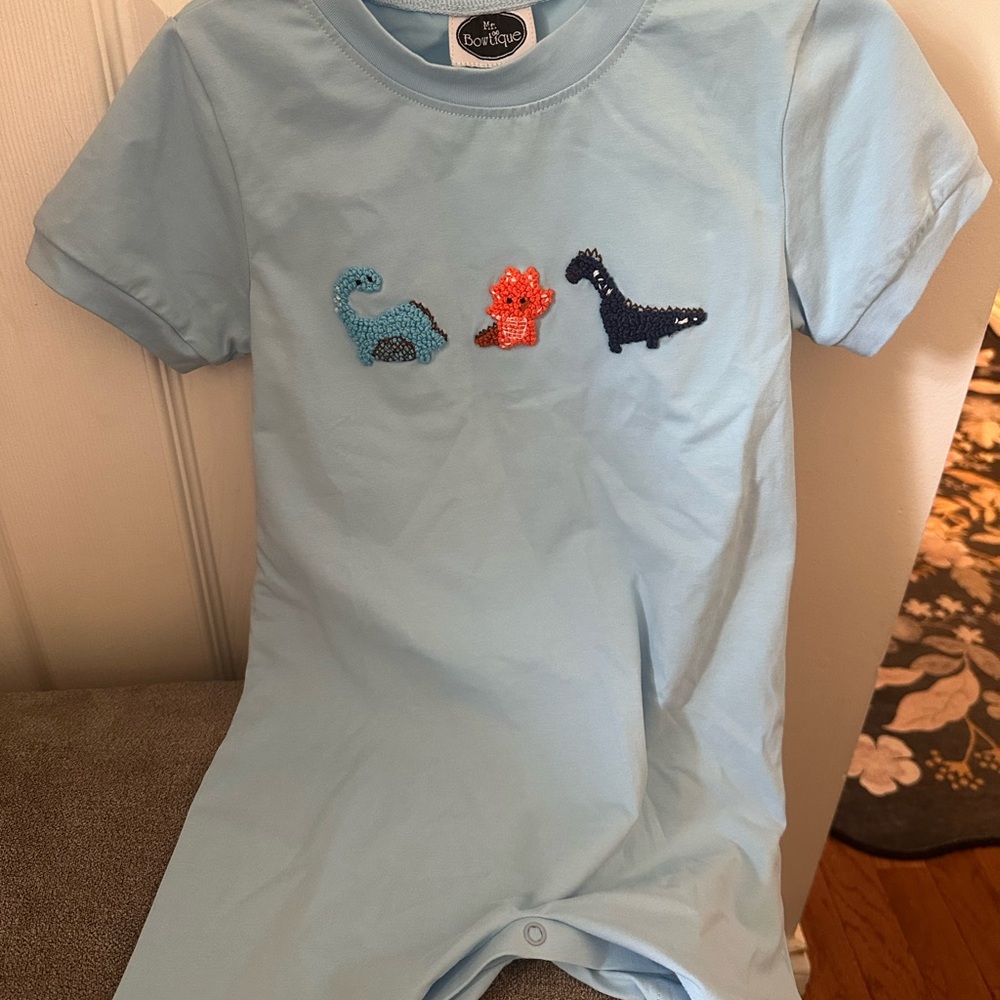 NWT Light Blue Romper with French Knot Dinosaur